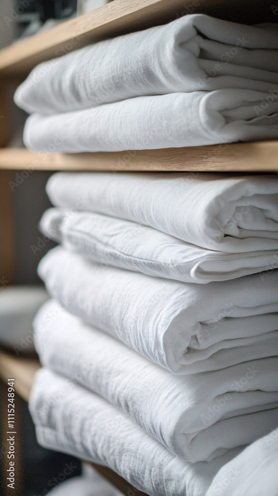 white linen towels stacked on a wooden shelf in a bathroom white linen towels stacked on a wooden shelf in a bathroom