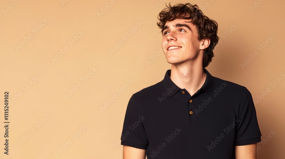 Fototapeta premium Cheerful young man with curly hair wearing dark polo shirt, smiling against beige background, exuding positive and confident vibe