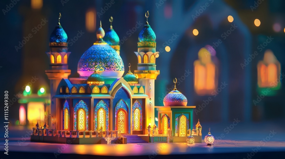 Obraz premium colorful mosque with intricate designs and vibrant lights, showcasing beautiful architecture and serene atmosphere. scene captures magical ambiance at night