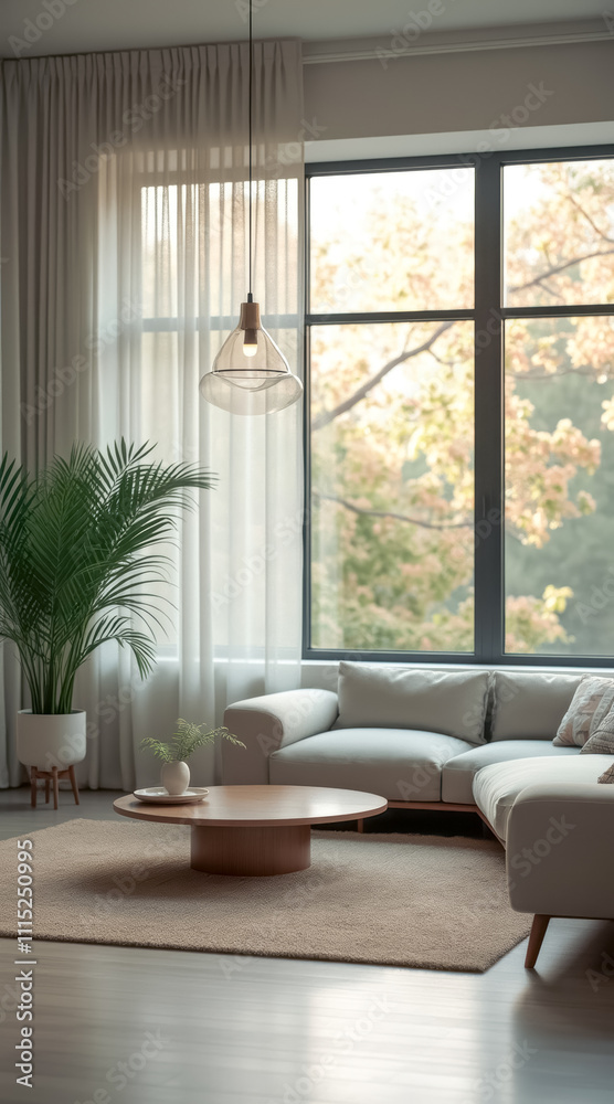Fototapeta premium serene living room with gray sectional wooden coffee table