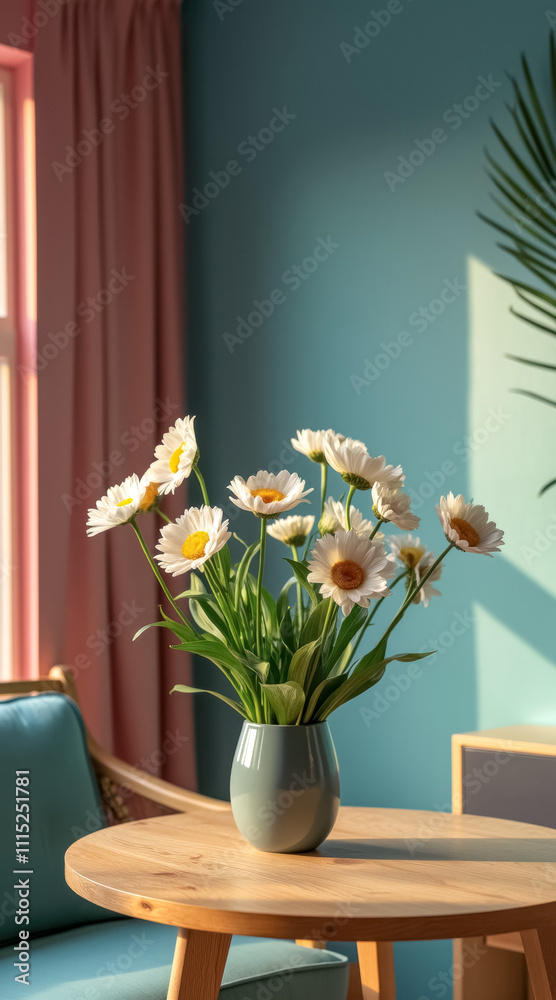 white daisies a light blue vase on a wooden table white daisies a light blue vase on a wooden table