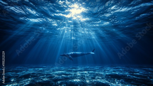 Majestic Blue Whale in Open Ocean: A colossal blue whale swimming gracefully in deep blue waters, surrounded by rays of sunlight piercing through.