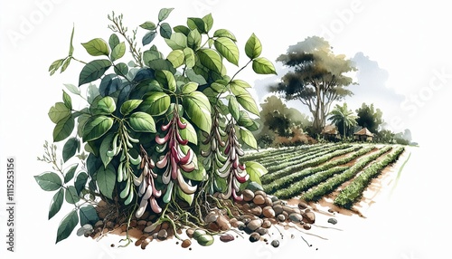 Tepary Bean plantsation in watercolor illustration with loose and fluid forms, photo