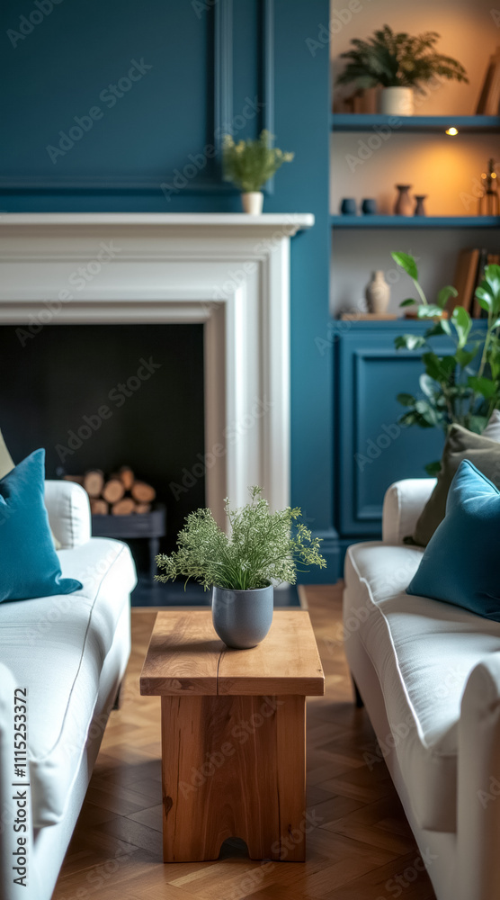 Fototapeta premium wooden coffee table with plant serene living room