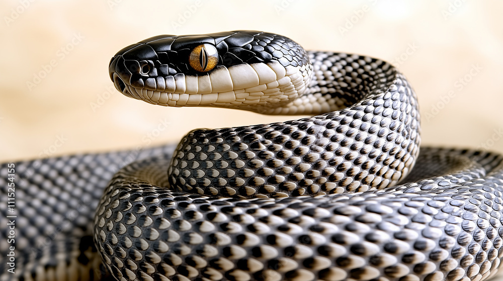 Fototapeta premium A close-up of a black snake with vibrant yellow eyes, its head raised and alert.