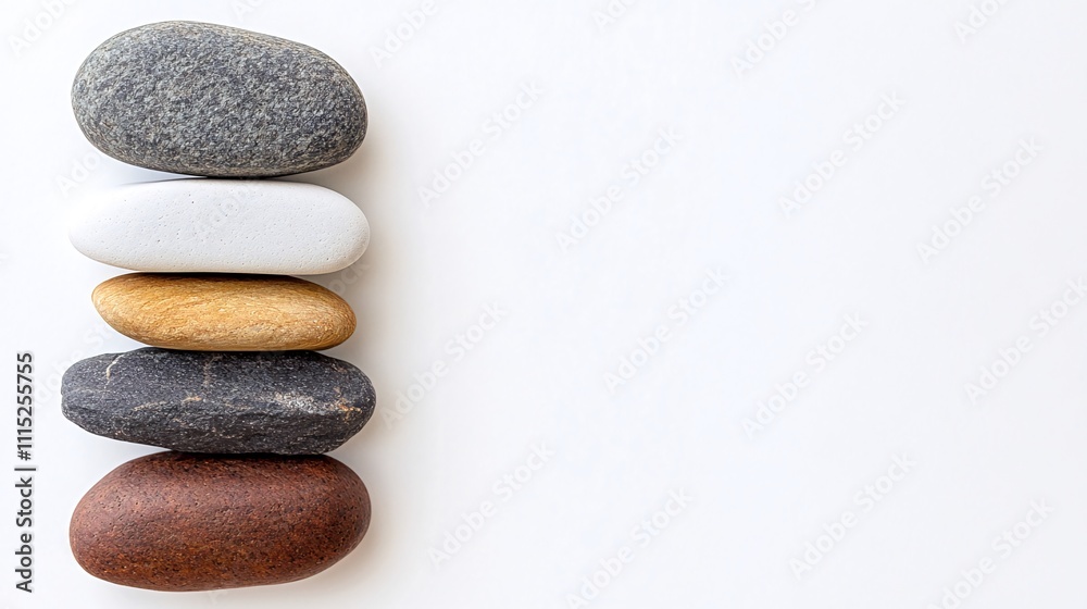Five smooth, colorful stones stacked vertically on a white background, leaving copy space. Generative ai