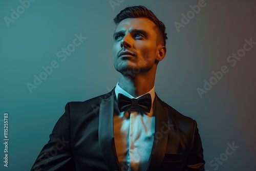 A stylish man in a tuxedo posing confidently against a colorful backdrop. photo