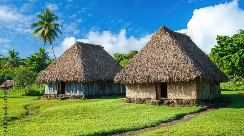 Traditional Thatched Huts in a Lush Tropical Landscape