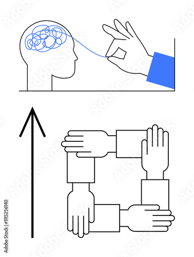 Hand untangling chaotic thoughts in a head, square of interlocking hands, vertical arrow pointing up. Ideal for mental health, teamwork, problem solving, growth, success, organization productivity