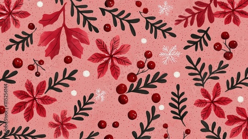 Festive Floral Pattern with Red Leaves, Berries, and Snowflakes on Pink Background for Holiday Decorations and Design