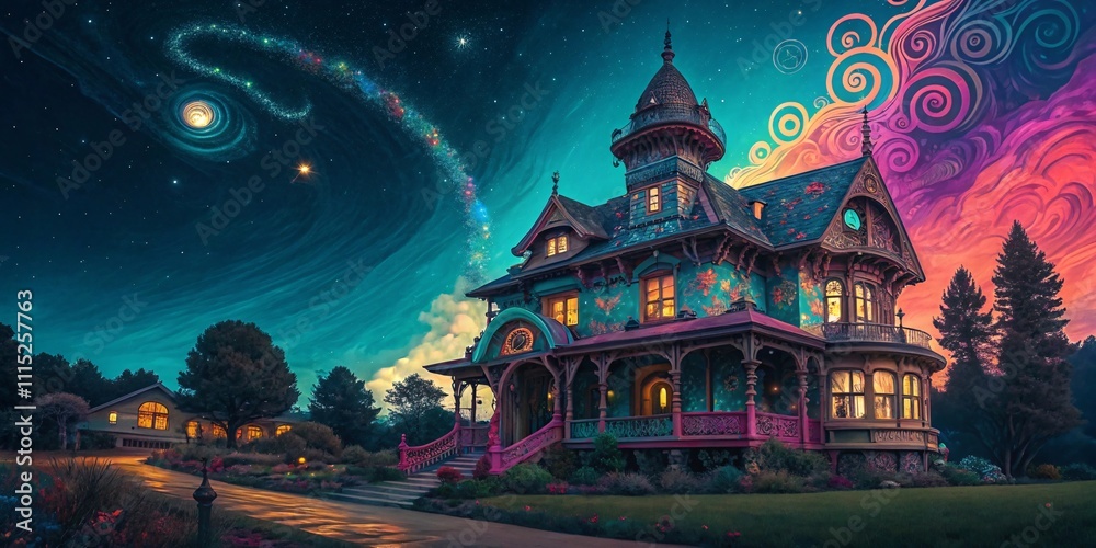 Obraz premium Whimsical Mansion with Cosmic Backdrop and Magical Gardens V2