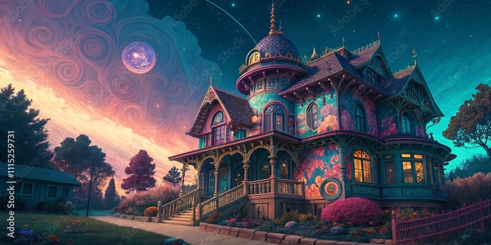 Obraz premium Whimsical Mansion with Cosmic Backdrop and Magical Gardens V8