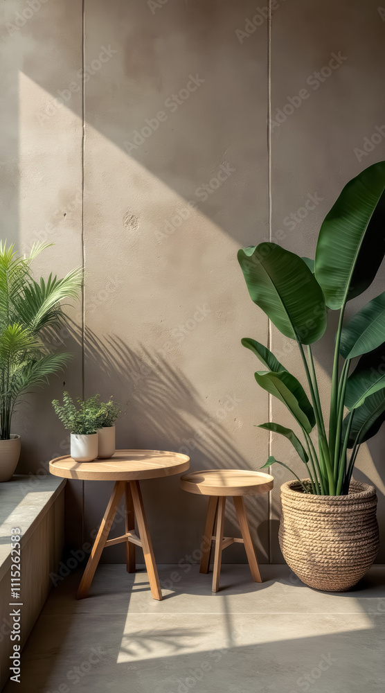 Fototapeta premium sunlight illuminates a minimalist room setting with wooden tables potted plants.