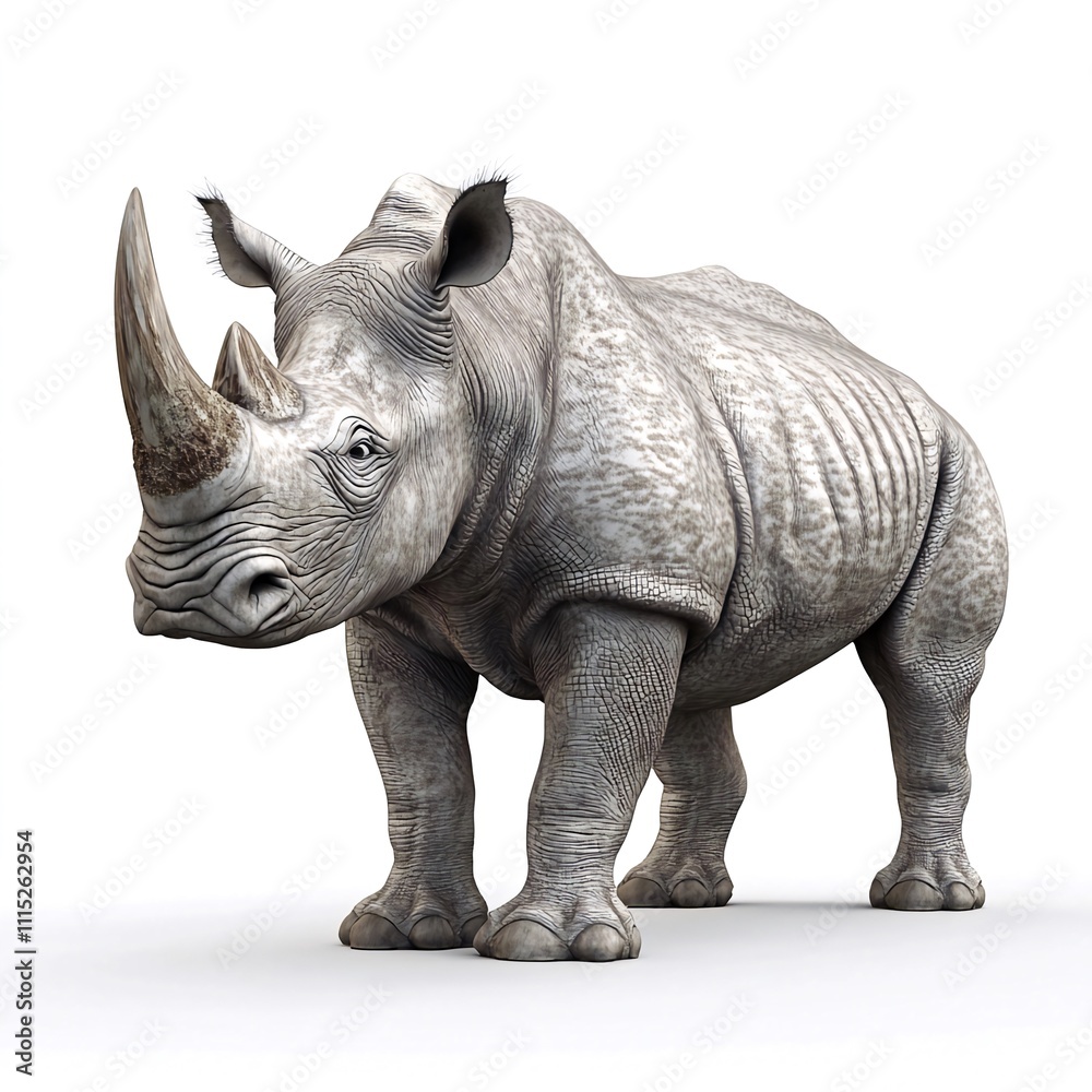 Fototapeta premium A majestic white rhinoceros, powerfully built, stands against a stark white background, showcasing its thick hide and prominent horn. Generative ai