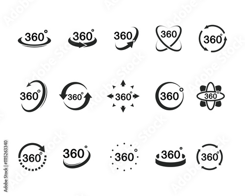 Set of 360 Degrees View Vector Icon. Circle signs vertical, horizontal and diagonal view with arrows rotation to 360 degrees.