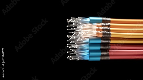 Closeup of a bundle of fiber optic cables glowing in unison, sleek and vibrant photo