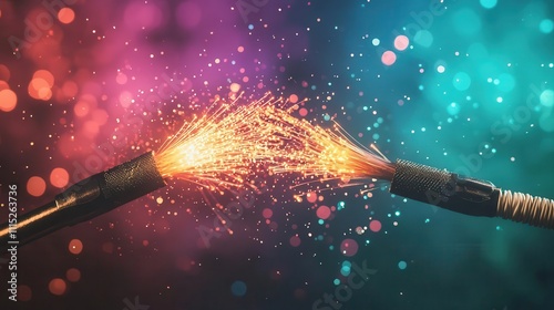 Closeup of fiber optic splicing tools with glowing cables in the background