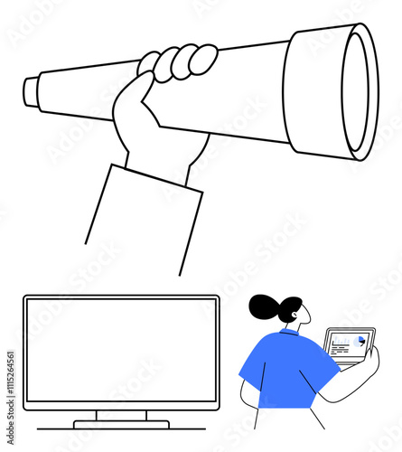 Hand holding a telescope, computer monitor, and person using a laptop. Ideal for business strategy, remote work, research, innovation, technology communication and planning. Line metaphor