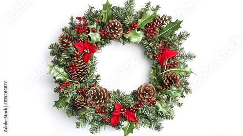 Festive Christmas wreath with pine cones, holly, and poinsettias on white background. Generative ai