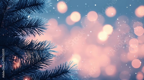 Snowy Winter Forest Scene with Christmas Pine Tree Branches and Soft Bokeh Lights Background