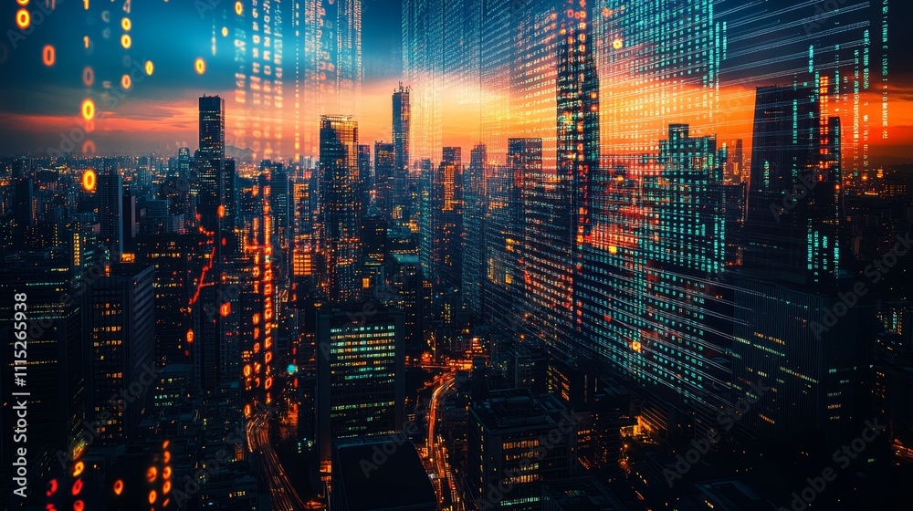 Obraz premium Modern Smart City Skyline At Sunset Illuminating Data Connectivity, Technology, Future
