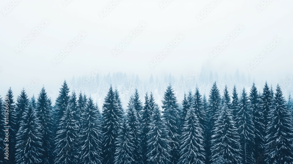 Fototapeta premium Serene Winter Snowfall Blanketing Evergreen Trees in a Foggy Forest Landscape