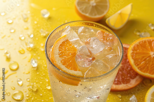 Refreshing Citrus Beverage with Ice on Vibrant Yellow Background photo