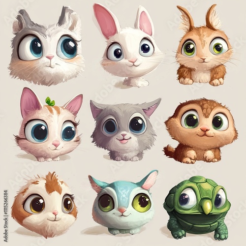 Adorable cartoon animals rabbit, cat, kitten, hamster, squirrel, turtle.