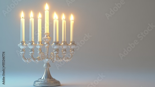 Silver Hanukkah Menorah with Nine Lit White Candles Isolated on a Soft Grey Background photo