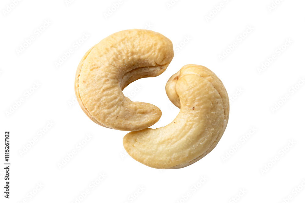 Two cashews with visible texture, isolated on a transparent background, showcasing their natural curves and smooth edges Two cashews with visible texture, isolated on a transparent background, showcasing their natural curves and smooth edges