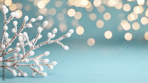 Delicate Frosted Branch Against Soft Blue Background with Glowing Bokeh Lights for Winter and Holiday Decor