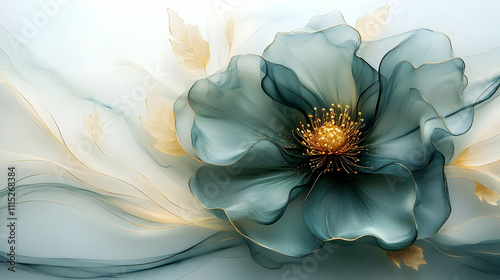 Abstract Teal Flower with G...