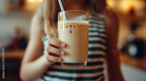 we see a close up 8 years old girl's hand holding glass of milk, close up to camera, There is a straw in the glass photo