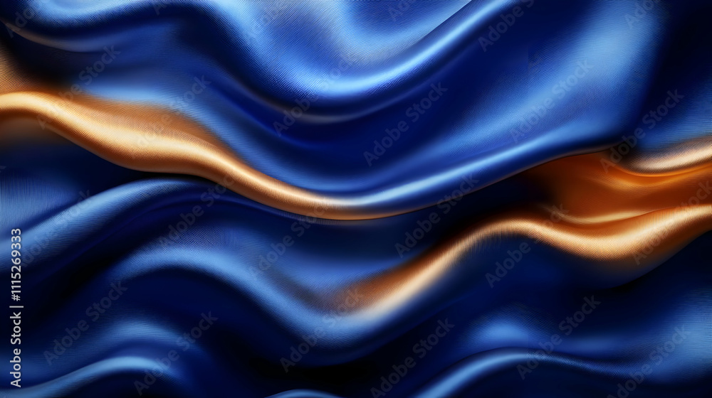 Obraz premium Blue and Gold Silk Fabric Drapes Elegantly, Luxurious Texture Background Image