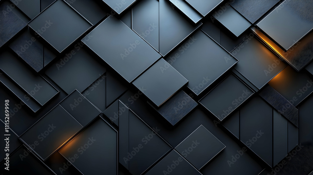 Fototapeta premium Abstract Dark Geometric Shapes Design: Modern 3D Blocks, Overlapping Layers, Glowing Edges, Intricate Pattern, Sleek Texture