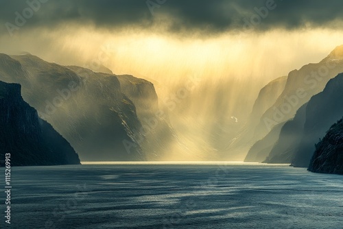 Majestic mountains of flam rise above aurlandsfjord and naeroyfjord on a gloomy rainy day photo