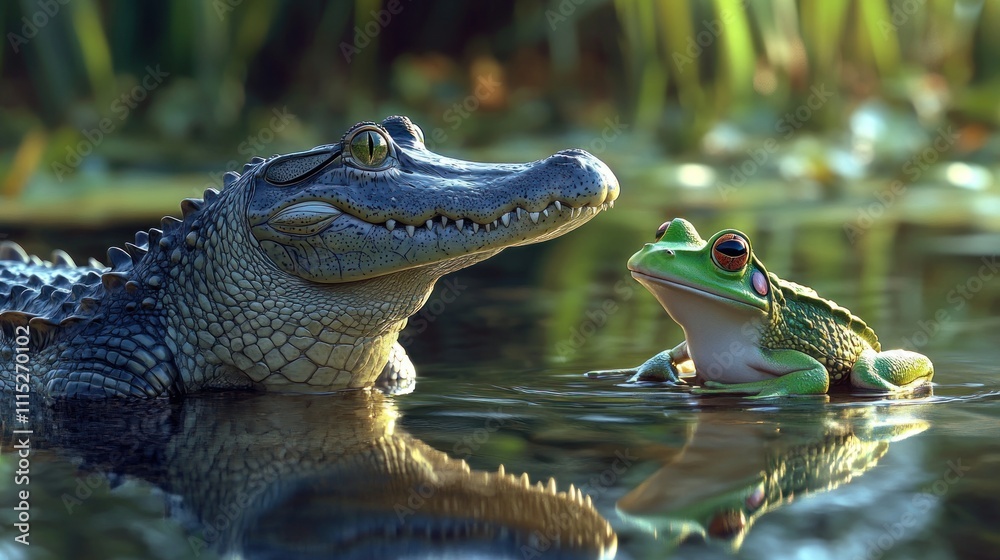 Fototapeta premium An Unexpected Encounter: Alligator and Frog in Harmony