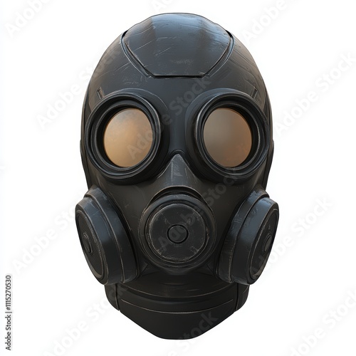 A full gas mask with round eye lenses and a filter canister, isolated on white background, representing safety and industrial protection, ideal for safety equipment branding, military visuals photo