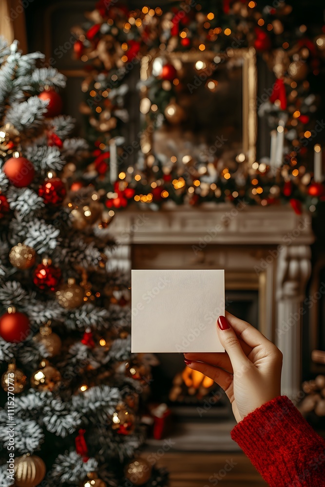 A woman holds a blank card in front of a warm and festive Christmas scene, complete with decorated tree and fireplace, warm and festive feel, perfect for use in Christmas greeting cards A woman holds a blank card in front of a warm and festive Christmas scene, complete with decorated tree and fireplace, warm and festive feel, perfect for use in Christmas greeting cards