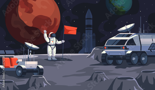 Mars exploring. Astronaut in spacesuit sets flag on planet, space discoveries, special cosmos machinery, moon rover, cosmonaut travel landscape, cartoon flat isolated tidy vector concept