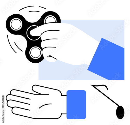 Hand holding fidget spinner and yo-yo, simple minimalist style, blue accents. Ideal for stress relief, relaxation, focus, ADHD, sensory play boredom toy metaphors. Line metaphor