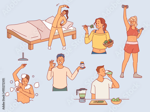 Healthy lifestyle. Active people take body care, fitness exercise, sports, taking vitamins, contrast shower, fresh food and detox drink, daily hygiene, cartoon flat isolated vector set