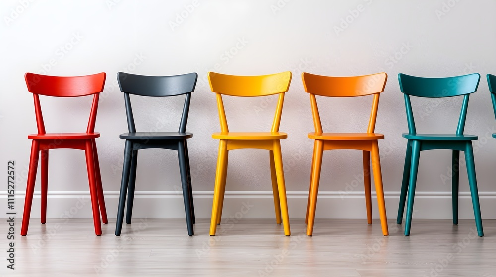 Obraz premium A line of minimalist monochrome chairs, each painted in a different vivid color, placed against a clean white wall, high contrast and simplicity