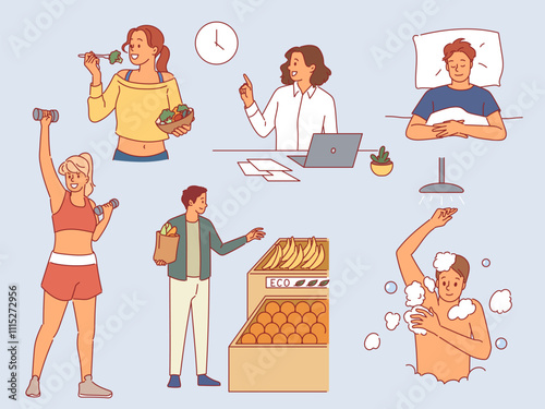 Healthy lifestyle habits. Proper nutrition, people exercise, eat fresh vegetable food and follow daily routine, active happy men and women, work and relax cartoon flat isolated vector set