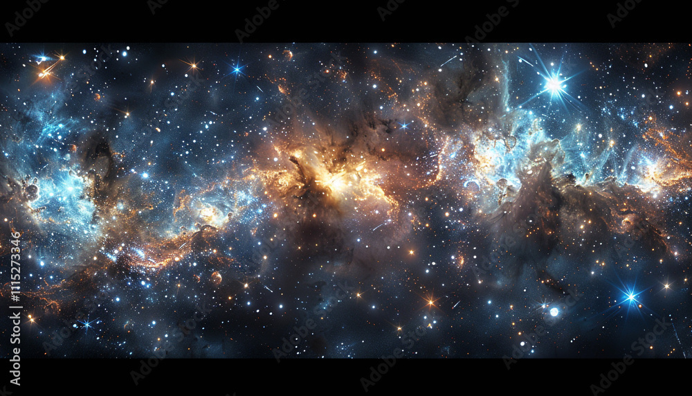Obraz premium Mesmerizing 360-degree equirectangular space background with dynamic nebula and shimmering stars. HDRI spherical projection for immersive panoramas