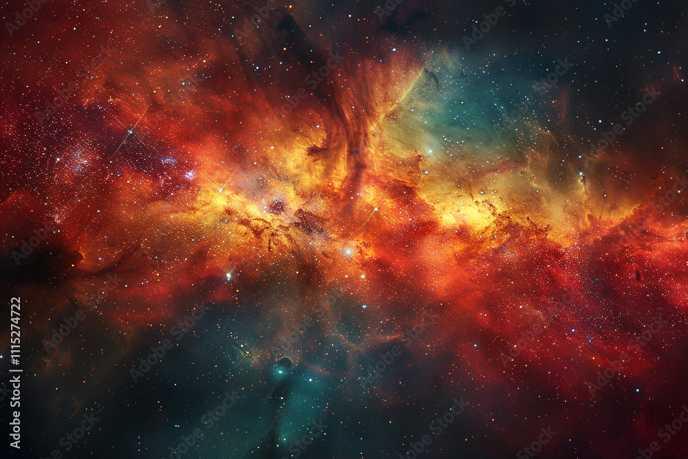 Fototapeta premium Stary night cosmos filled with a radiant nebula, bursting with shades of red, orange, and yellow. The celestial scene captures the beauty of the universe and the brilliance of distant galaxies