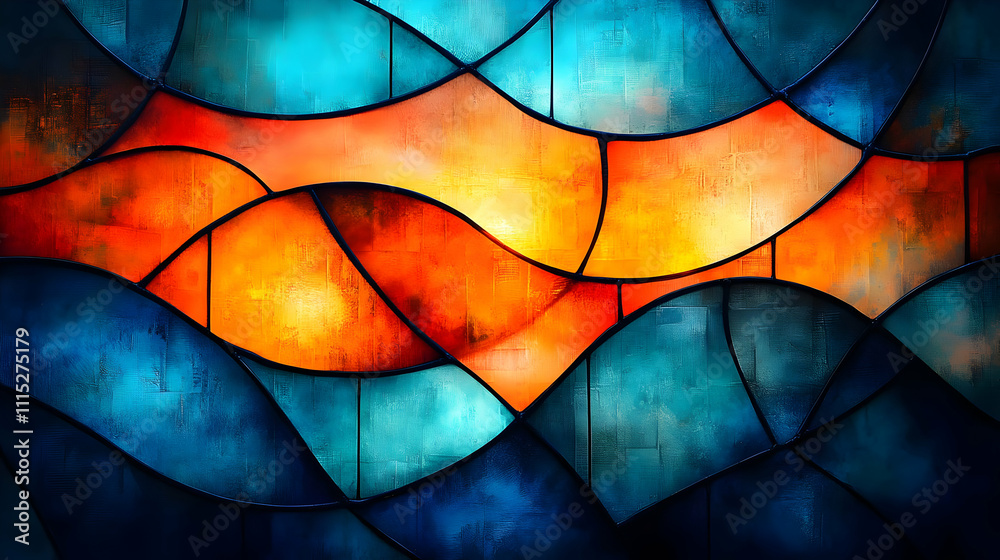 Fototapeta premium Abstract Orange Blue Stained Glass Art: Vivid Hues, Modern Design, Textured Canvas