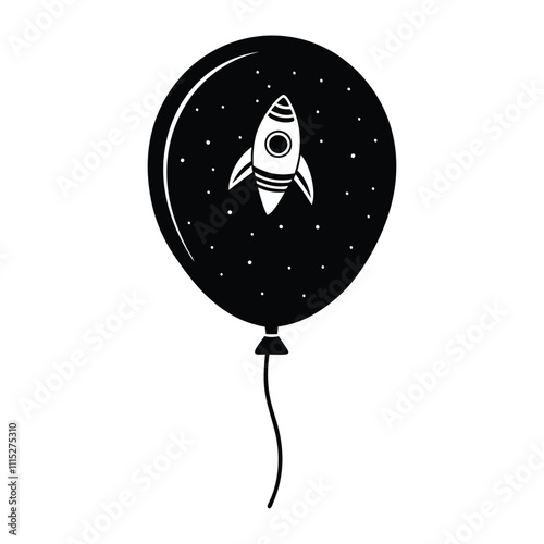 Black and white rocket design inside a balloon, perfect for space-themed party decorations and invitations.