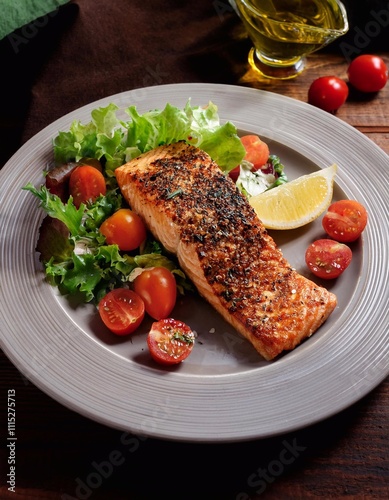 Salmon pepper grilled. Salmon freshly grilled and pepper-crusted Served with panzanella photo