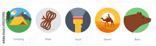 A set of 5 camping icons as camping, rope, torch